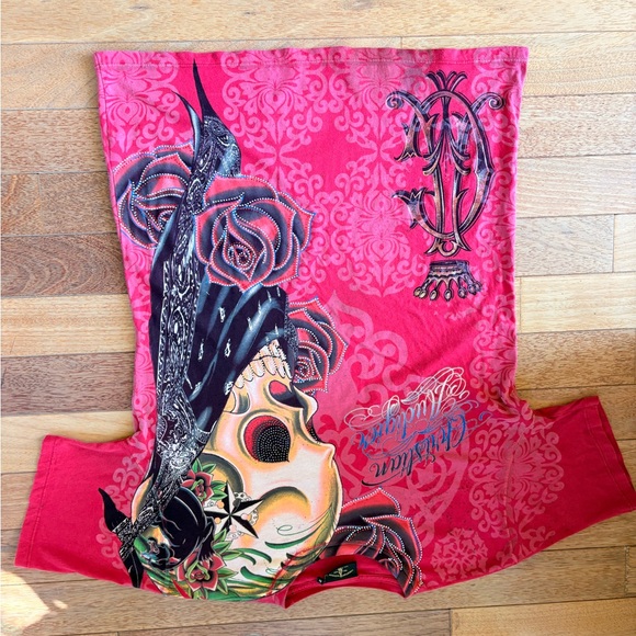 Christian Audigier Men's Red Skull and Rose Tee - Picture 6 of 12